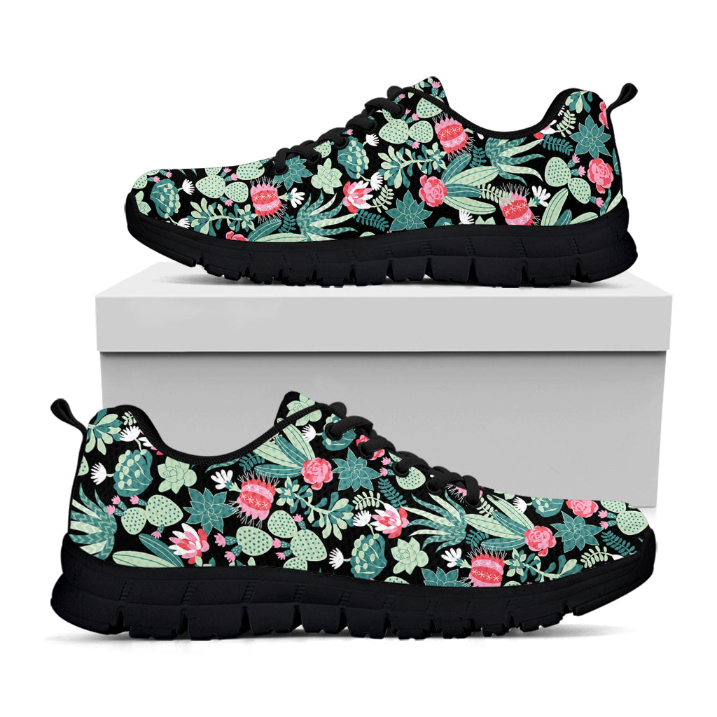 Cute Cactus And Succulent Print Black Sneakers