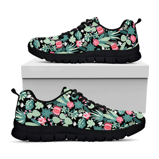Cute Cactus And Succulent Print Black Sneakers