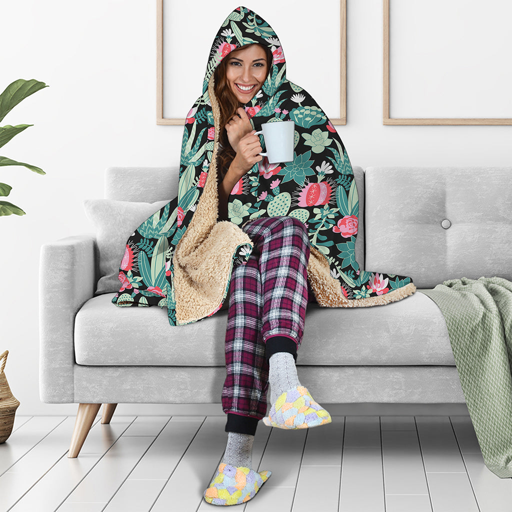 Cute Cactus And Succulent Print Hooded Blanket