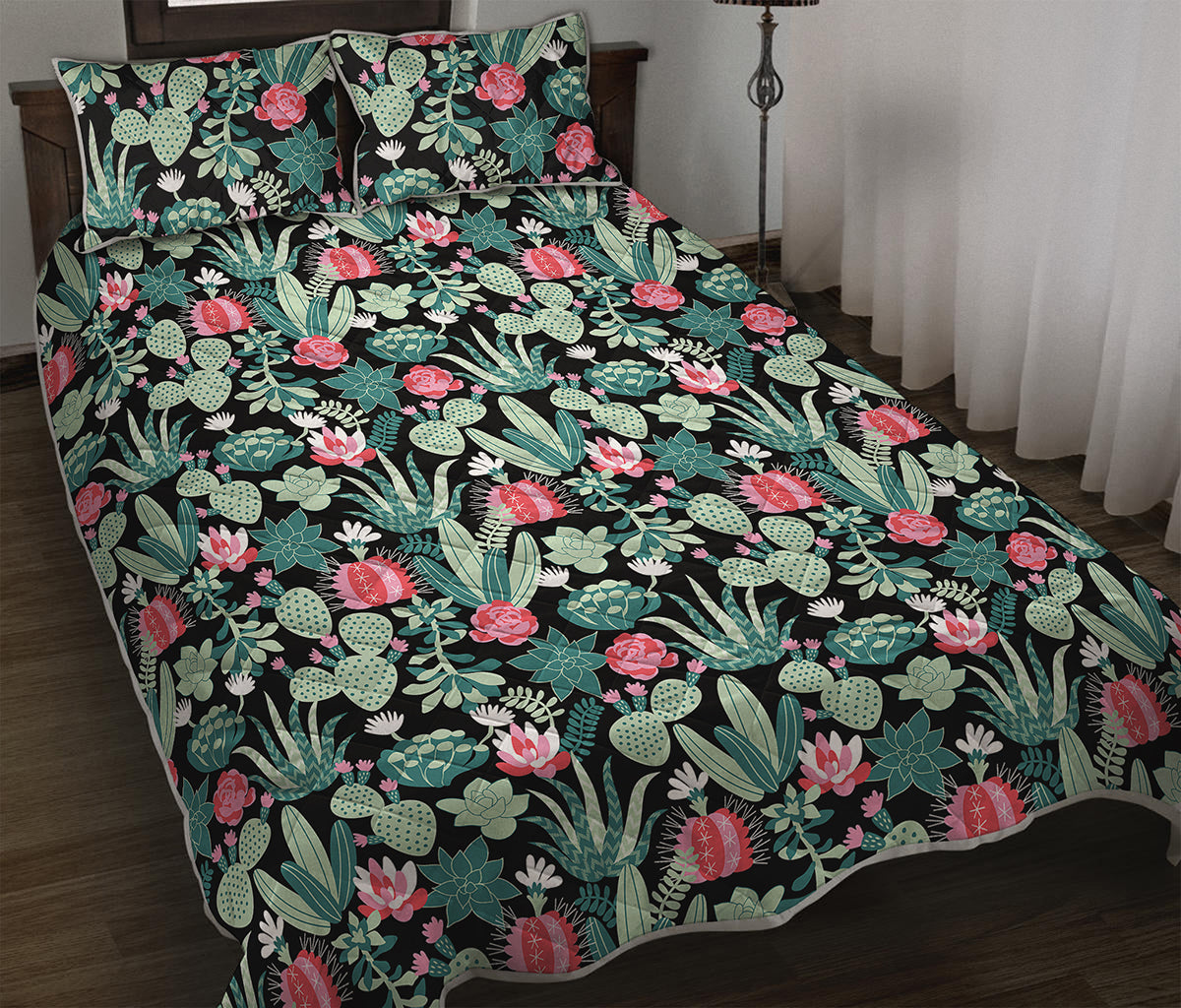 Cute Cactus And Succulent Print Quilt Bed Set