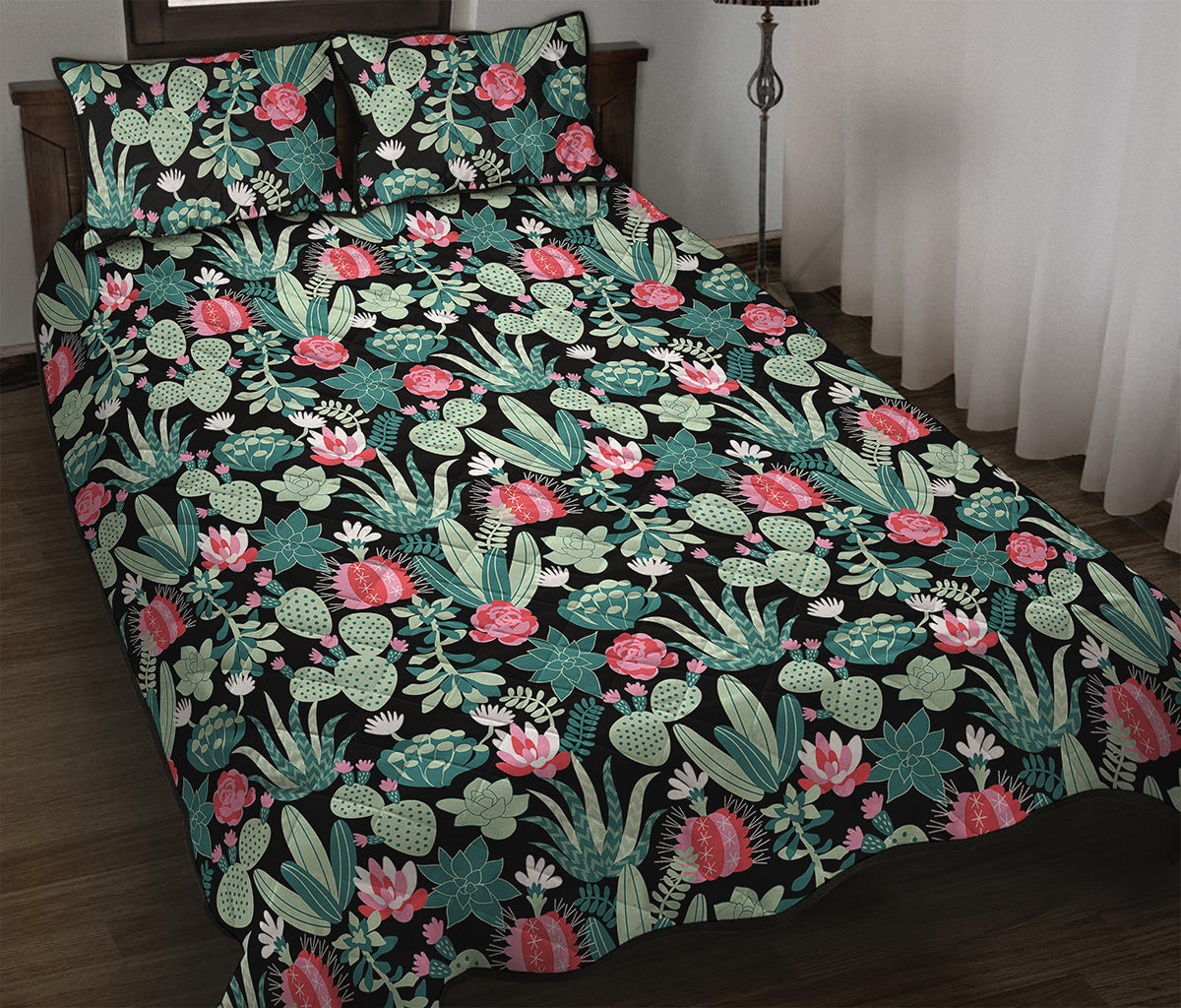 Cute Cactus And Succulent Print Quilt Bed Set