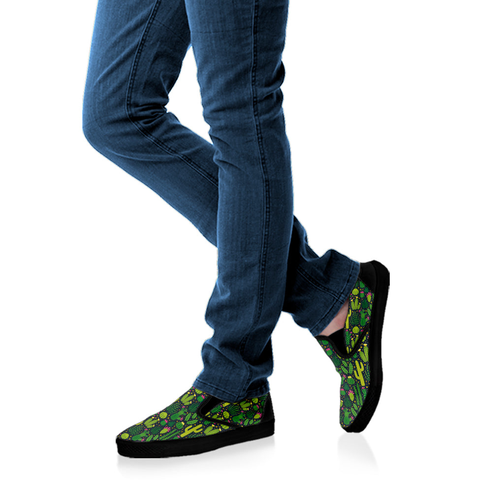 Cute Cactus Plant Pattern Print Black Slip On Shoes