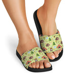 Cute Camping Pattern Print Black Slide Sandals