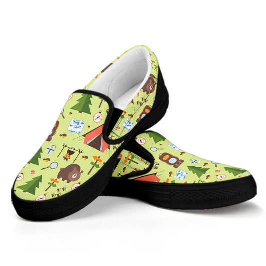 Cute Camping Pattern Print Black Slip On Shoes