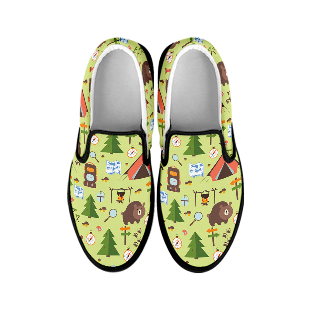 Cute Camping Pattern Print Black Slip On Shoes