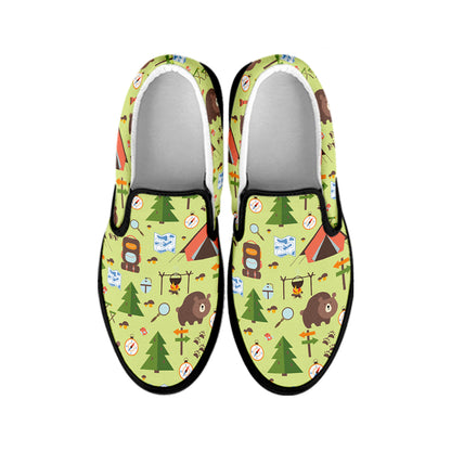 Cute Camping Pattern Print Black Slip On Shoes