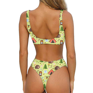 Cute Camping Pattern Print Front Bow Tie Bikini