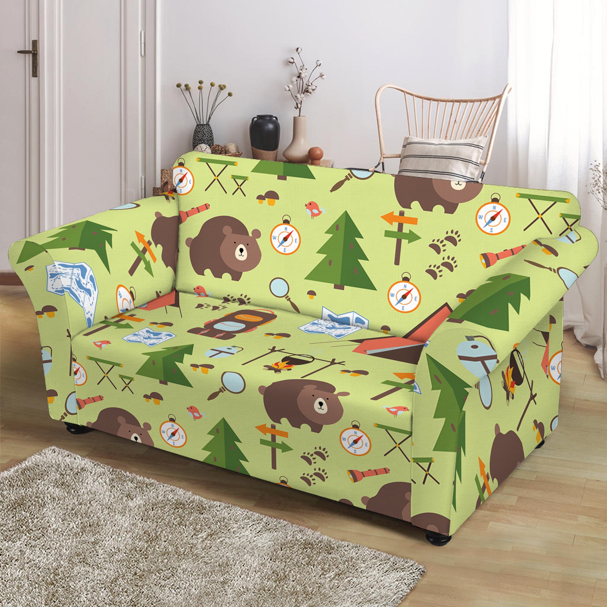 Cute Camping Pattern Print Loveseat Slipcover