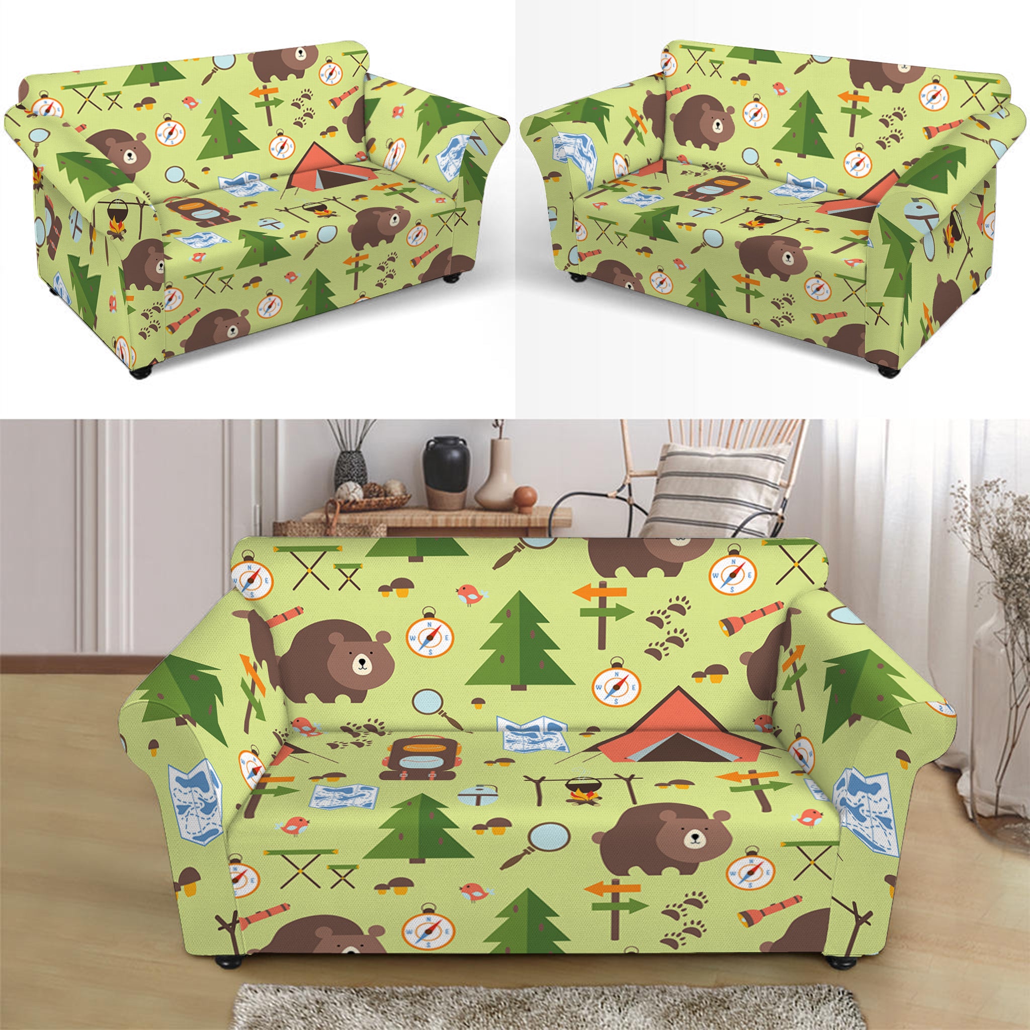 Cute Camping Pattern Print Loveseat Slipcover