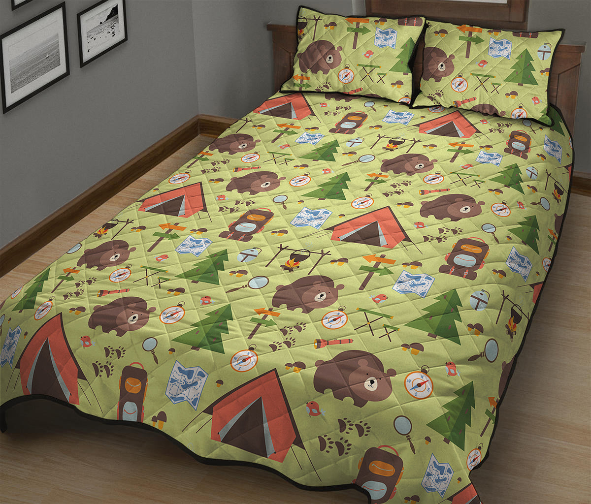 Cute Camping Pattern Print Quilt Bed Set