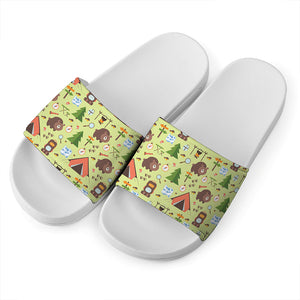 Cute Camping Pattern Print White Slide Sandals