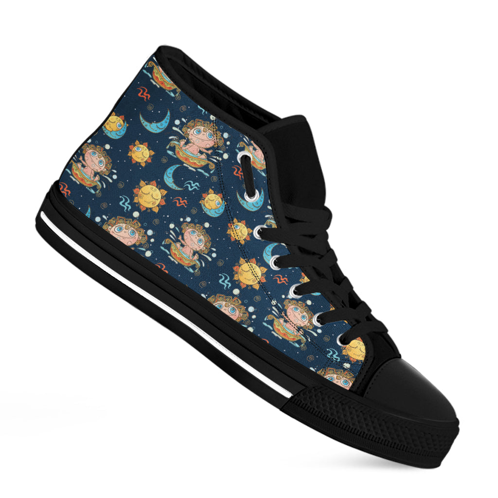 Cute Cartoon Aquarius Pattern Print Black High Top Shoes