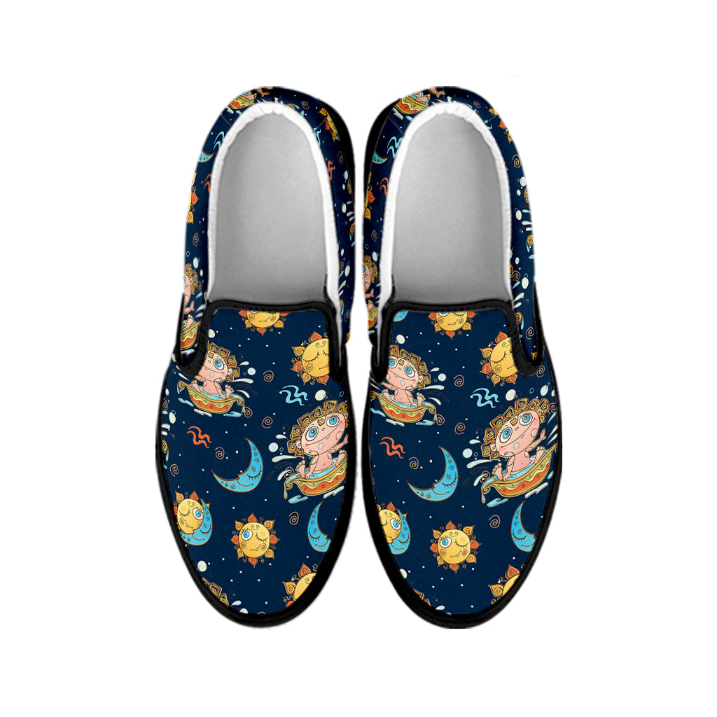 Cute Cartoon Aquarius Pattern Print Black Slip On Shoes