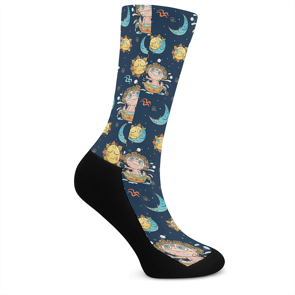 Cute Cartoon Aquarius Pattern Print Crew Socks