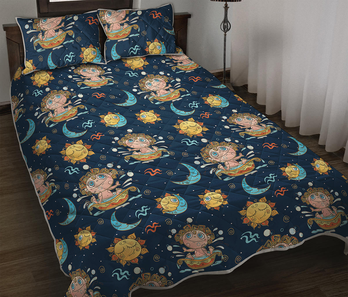 Cute Cartoon Aquarius Pattern Print Quilt Bed Set