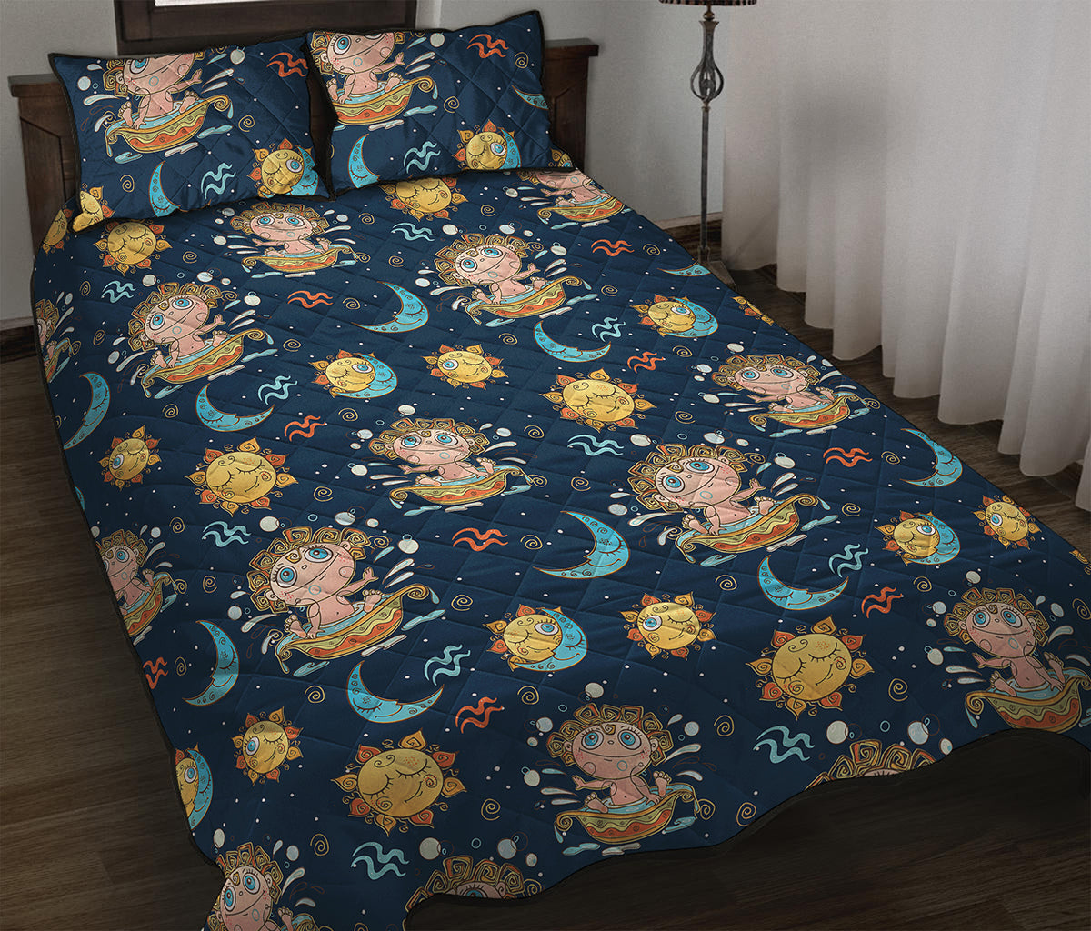 Cute Cartoon Aquarius Pattern Print Quilt Bed Set