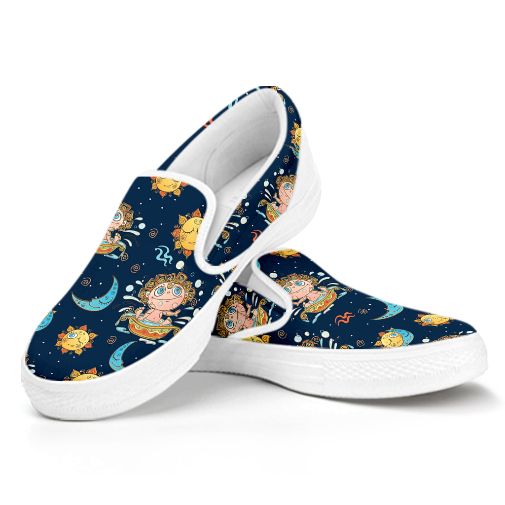 Cute Cartoon Aquarius Pattern Print White Slip On Shoes