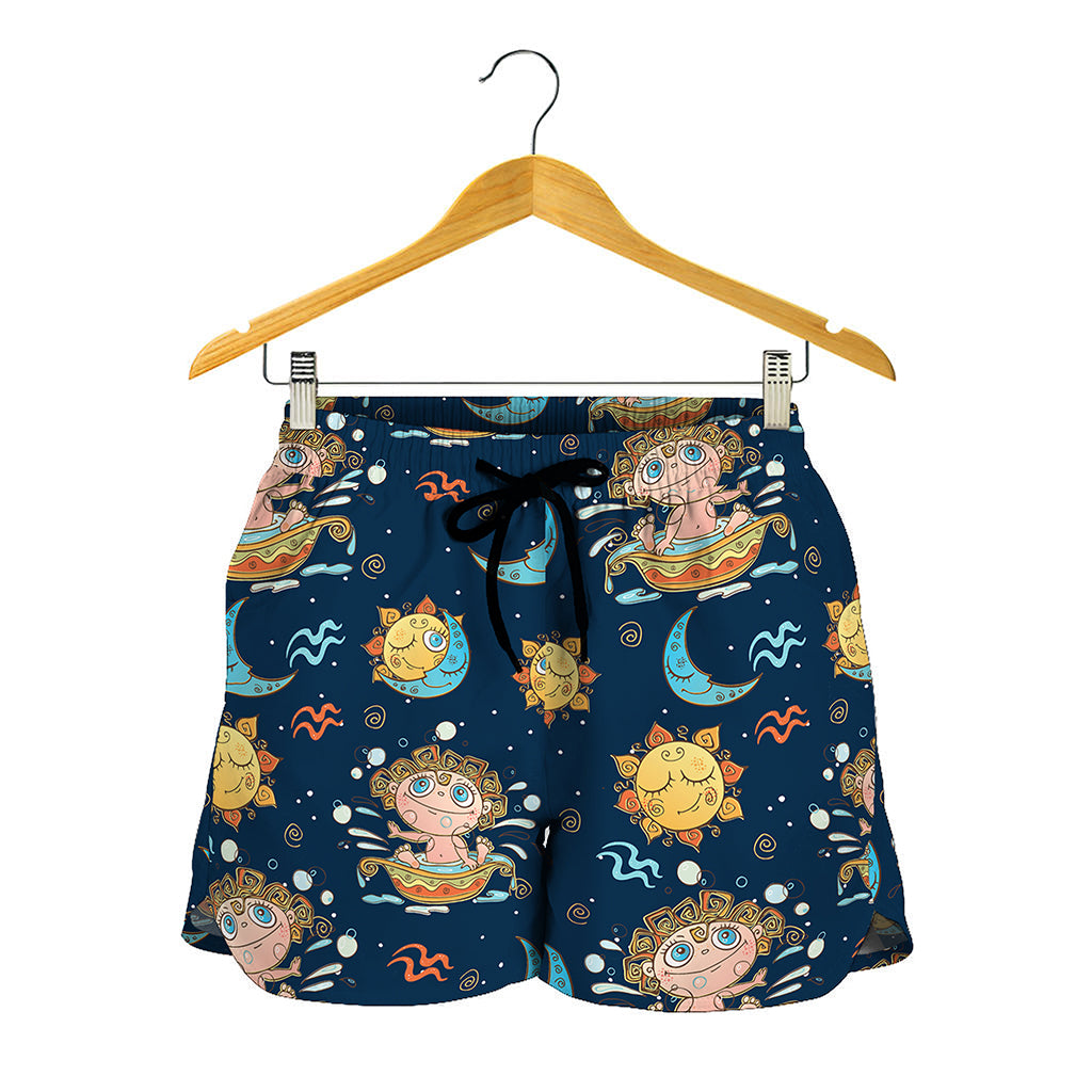 Cute Cartoon Aquarius Pattern Print Women's Shorts