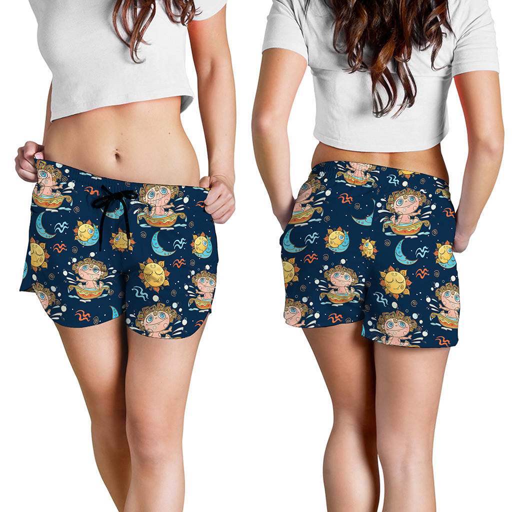 Cute Cartoon Aquarius Pattern Print Women's Shorts