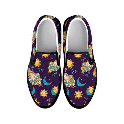 Cute Cartoon Aries Pattern Print Black Slip On Shoes