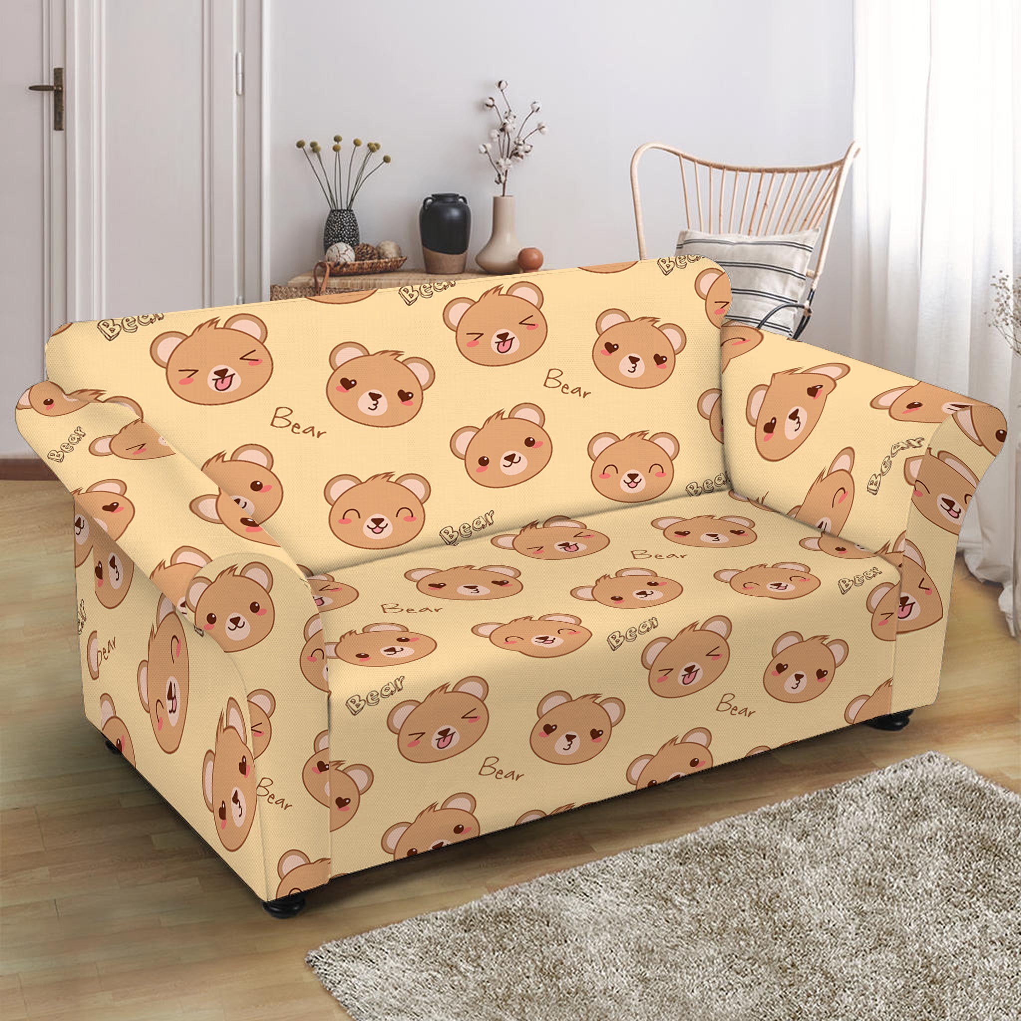 Cute Cartoon Baby Bear Pattern Print Loveseat Slipcover