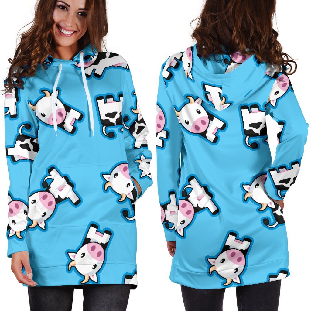 Cute Cartoon Baby Cow Pattern Print Hoodie Dress GearFrost