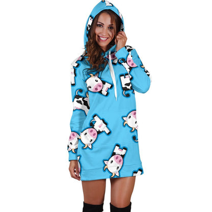Cute Cartoon Baby Cow Pattern Print Hoodie Dress GearFrost