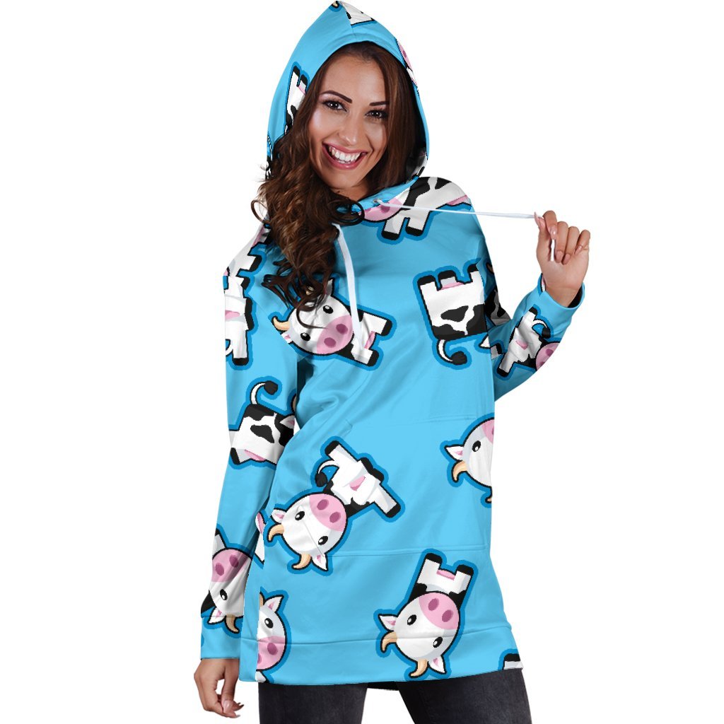 Cute Cartoon Baby Cow Pattern Print Hoodie Dress GearFrost