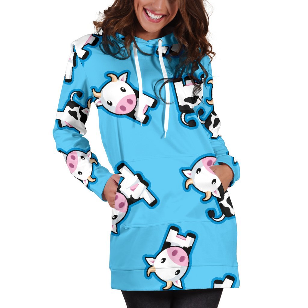 Cute Cartoon Baby Cow Pattern Print Hoodie Dress GearFrost