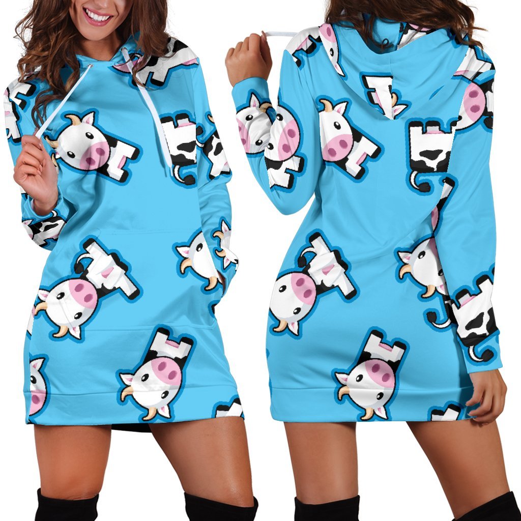 Cute Cartoon Baby Cow Pattern Print Hoodie Dress GearFrost