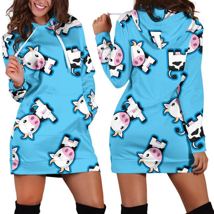 Cute Cartoon Baby Cow Pattern Print Hoodie Dress GearFrost