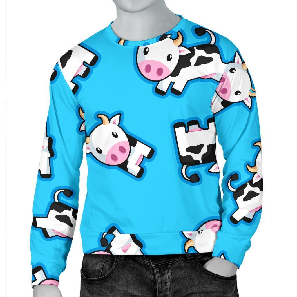 Cute Cartoon Baby Cow Pattern Print Men's Crewneck Sweatshirt GearFrost