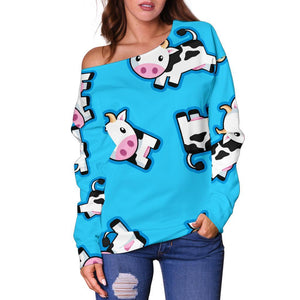 Cute Cartoon Baby Cow Pattern Print Off Shoulder Sweatshirt GearFrost