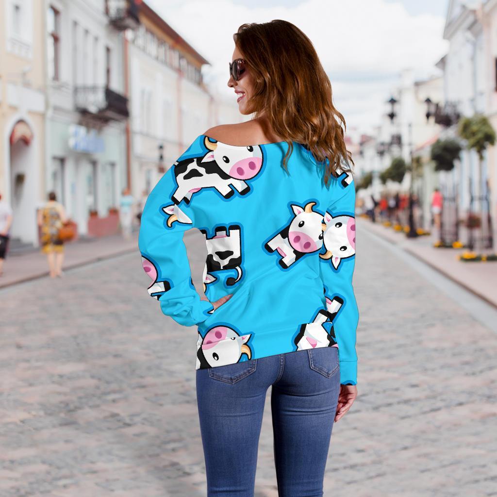 Cute Cartoon Baby Cow Pattern Print Off Shoulder Sweatshirt GearFrost