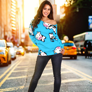 Cute Cartoon Baby Cow Pattern Print Off Shoulder Sweatshirt GearFrost