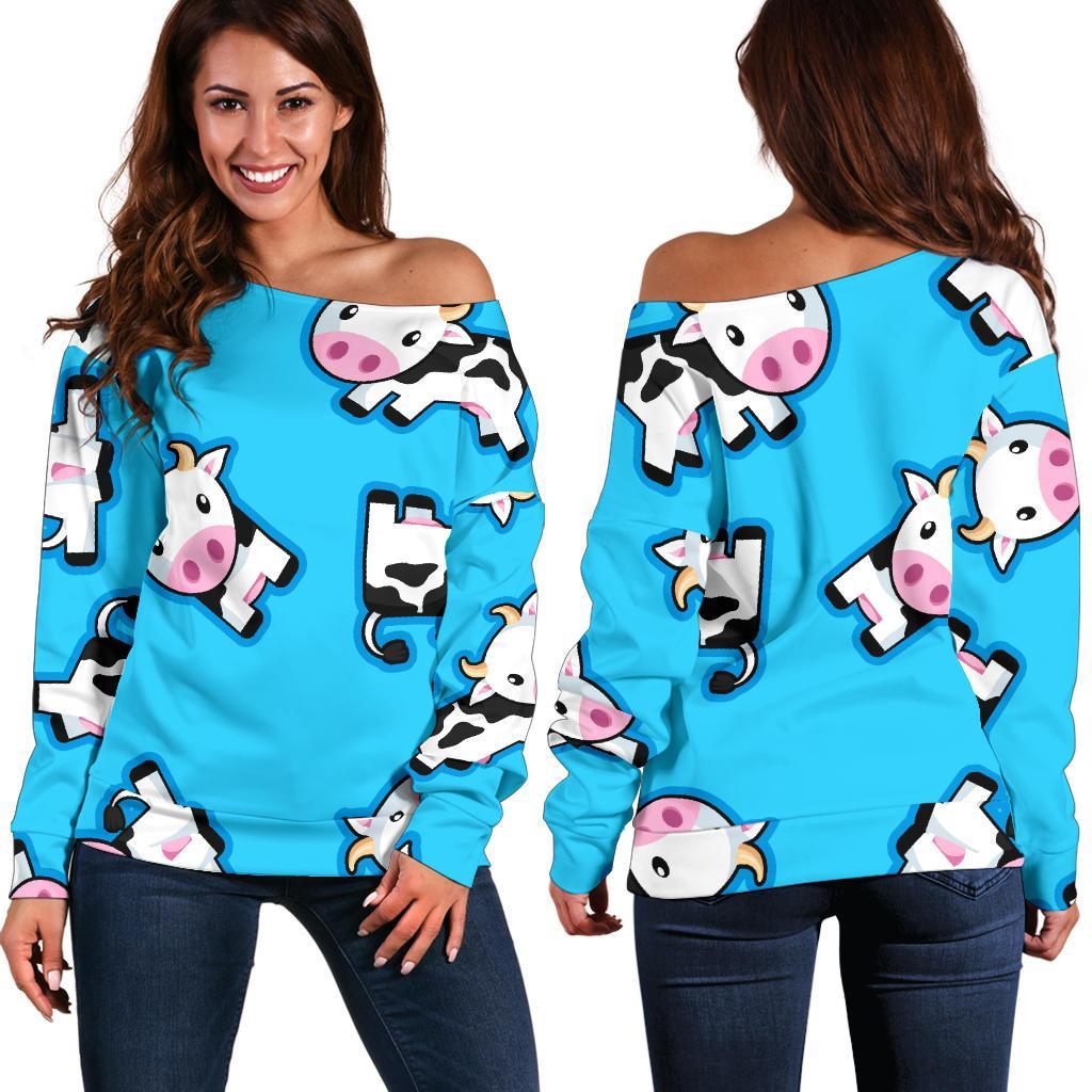 Cute Cartoon Baby Cow Pattern Print Off Shoulder Sweatshirt GearFrost