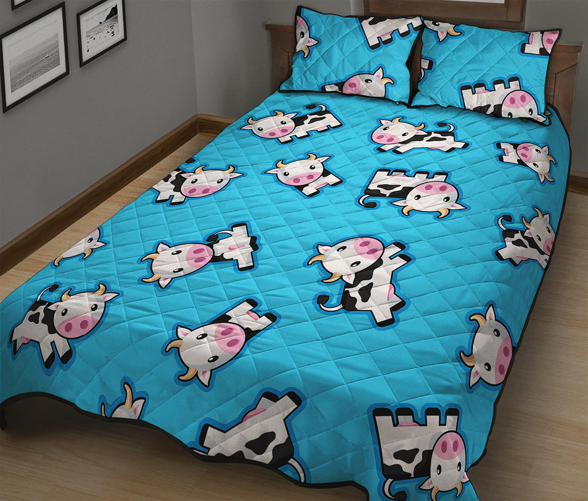 Cute Cartoon Baby Cow Pattern Print Quilt Bed Set