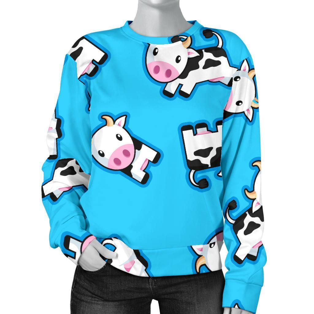 Cute Cartoon Baby Cow Pattern Print Women's Crewneck Sweatshirt GearFrost