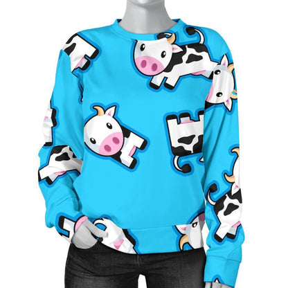 Cute Cartoon Baby Cow Pattern Print Women's Crewneck Sweatshirt GearFrost