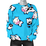 Cute Cartoon Baby Cow Pattern Print Women's Crewneck Sweatshirt GearFrost