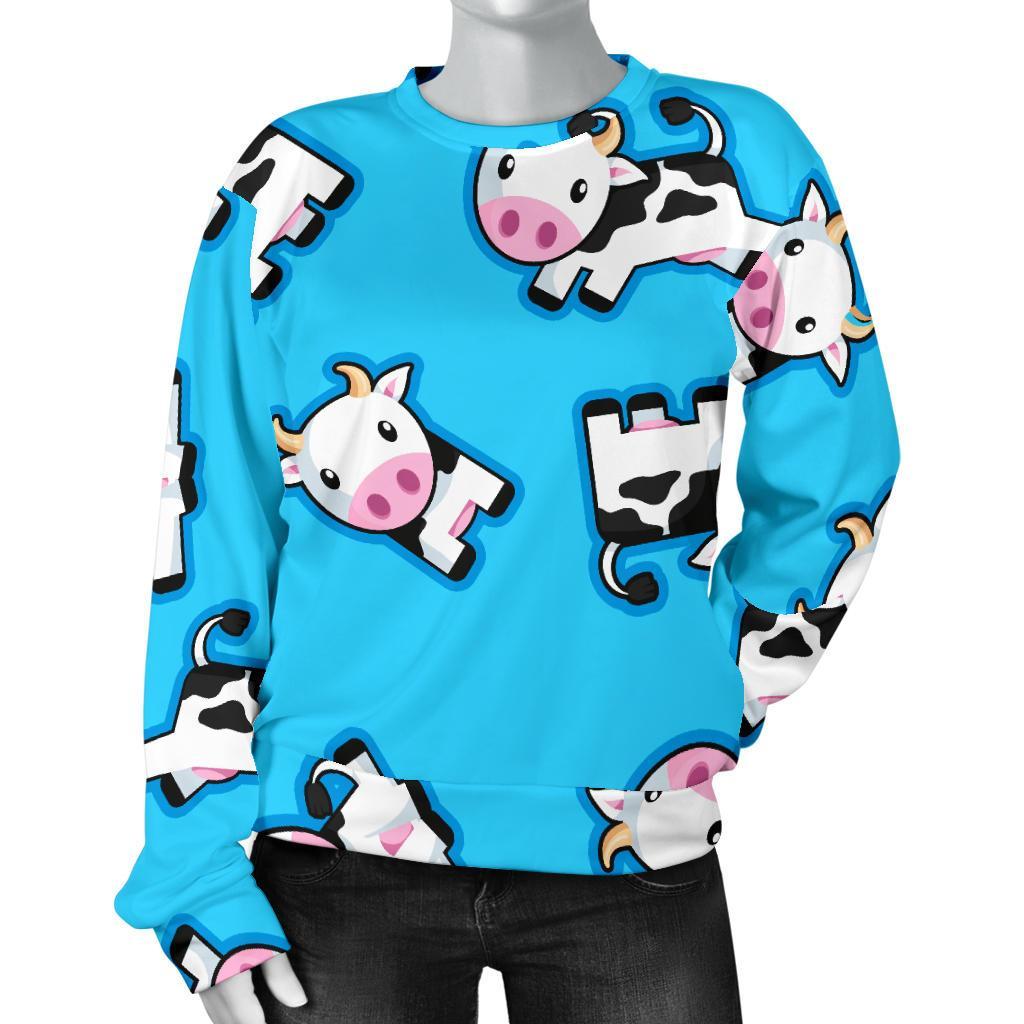 Cute Cartoon Baby Cow Pattern Print Women's Crewneck Sweatshirt GearFrost