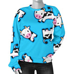 Cute Cartoon Baby Cow Pattern Print Women's Crewneck Sweatshirt GearFrost