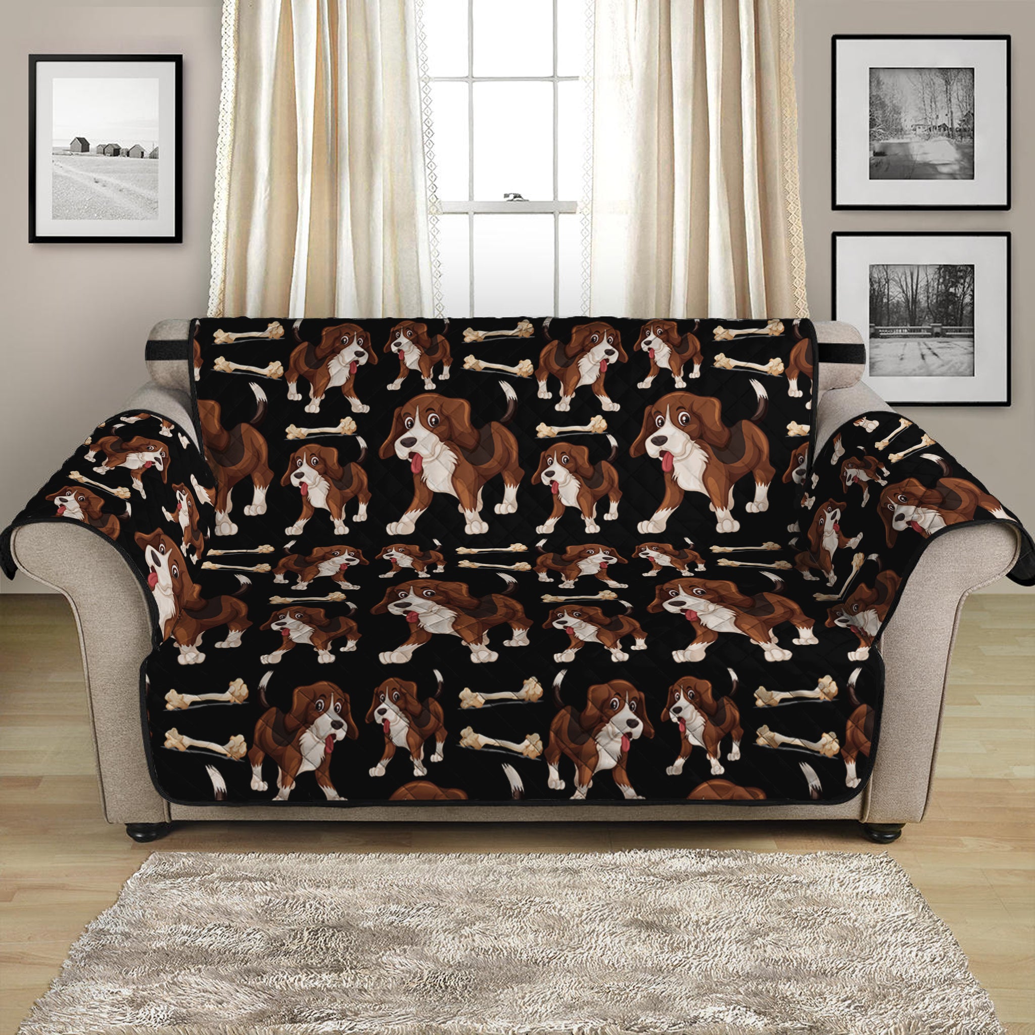 Cute Cartoon Beagle Pattern Print Loveseat Protector