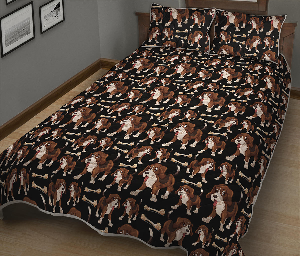 Cute Cartoon Beagle Pattern Print Quilt Bed Set