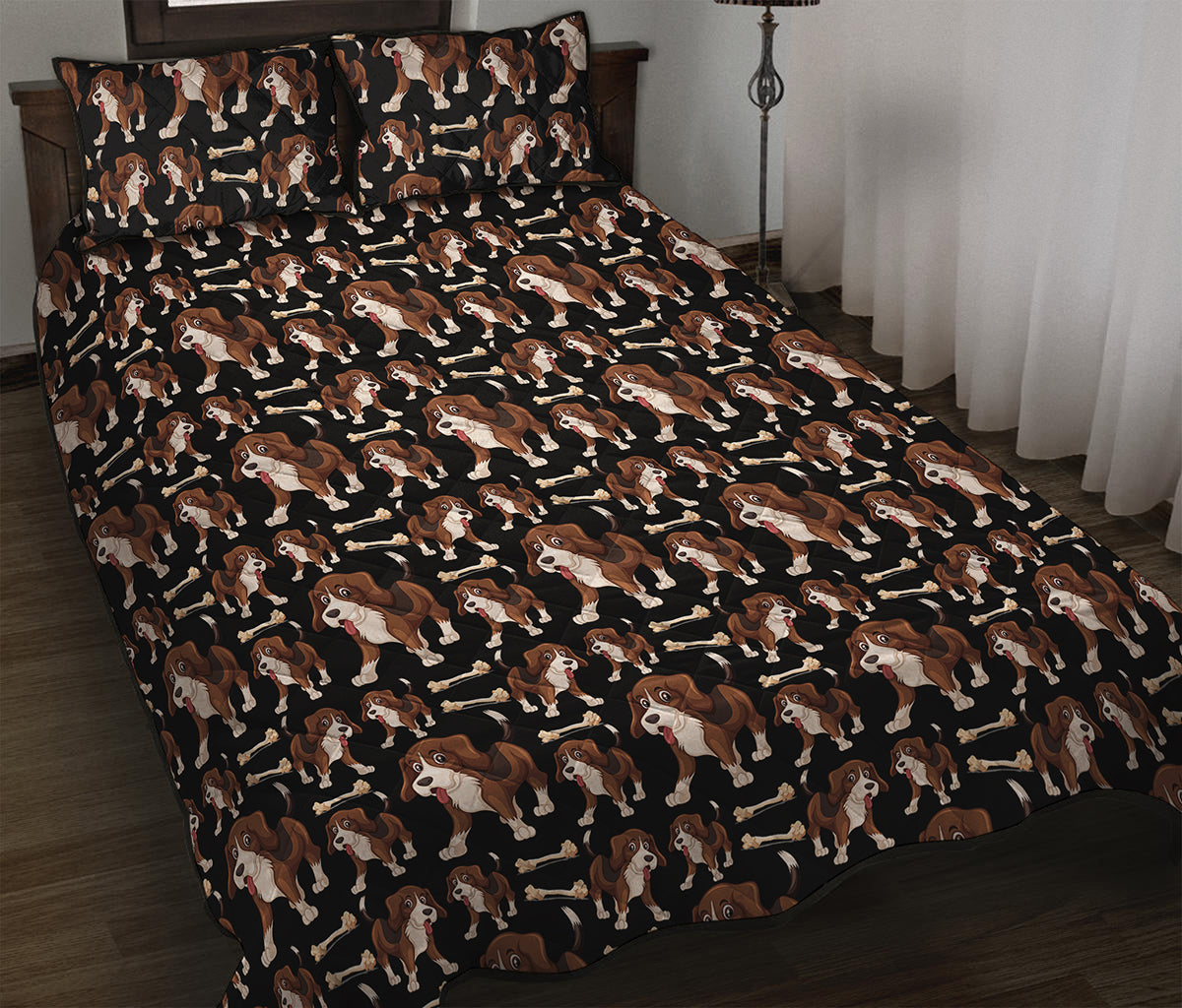 Cute Cartoon Beagle Pattern Print Quilt Bed Set