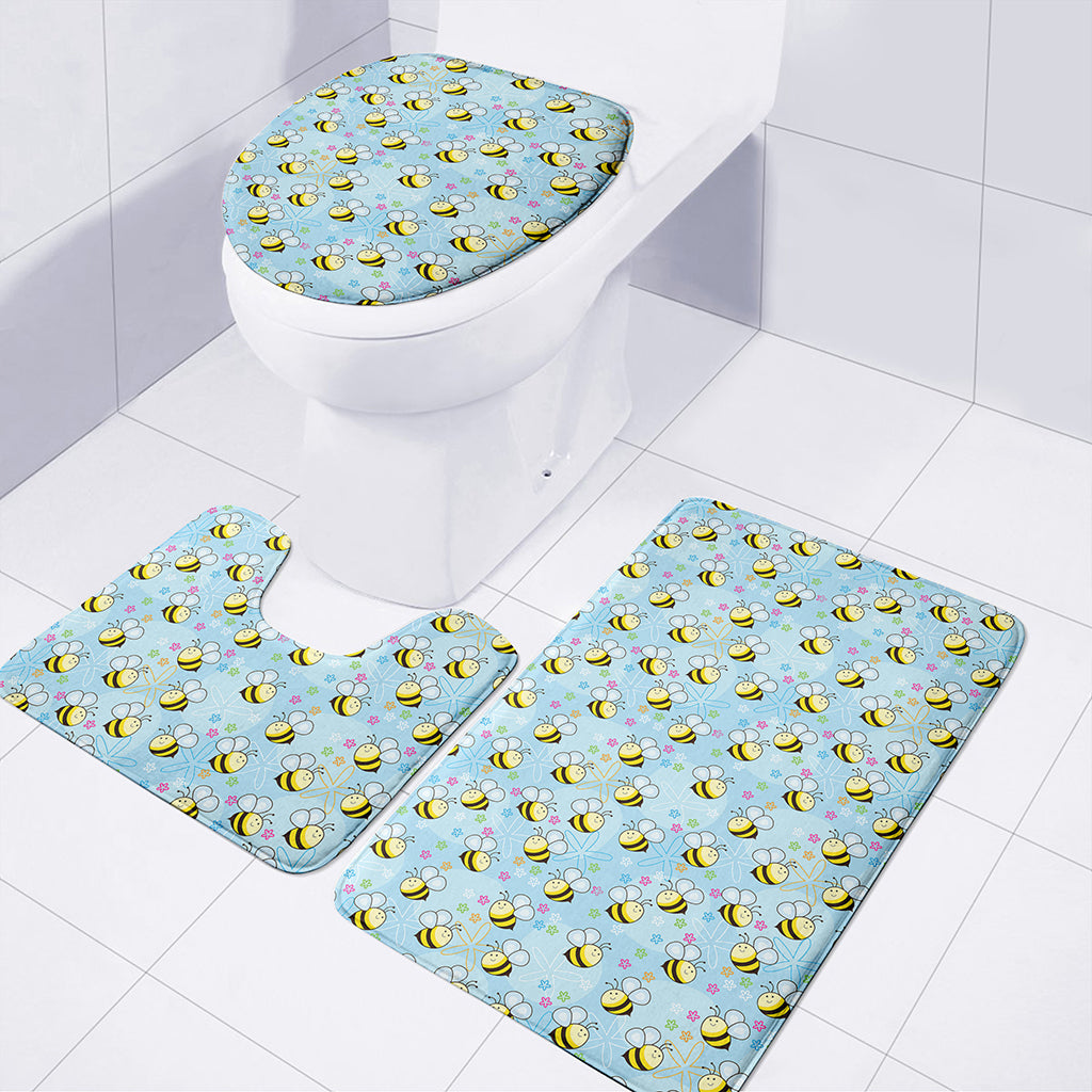 Cute Cartoon Bee Pattern Print 3 Piece Bath Mat Set