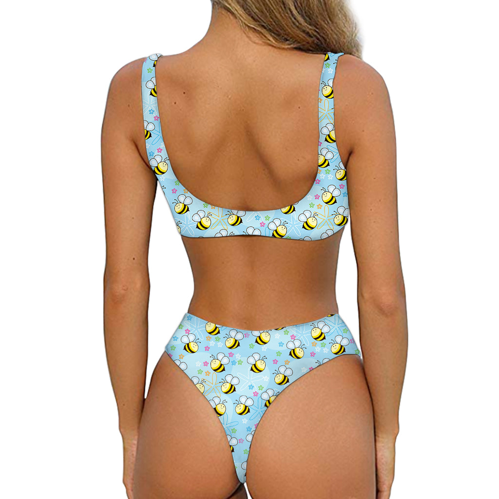 Cute Cartoon Bee Pattern Print Front Bow Tie Bikini