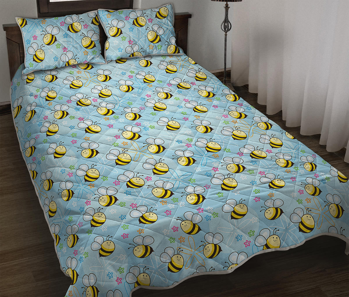 Cute Cartoon Bee Pattern Print Quilt Bed Set