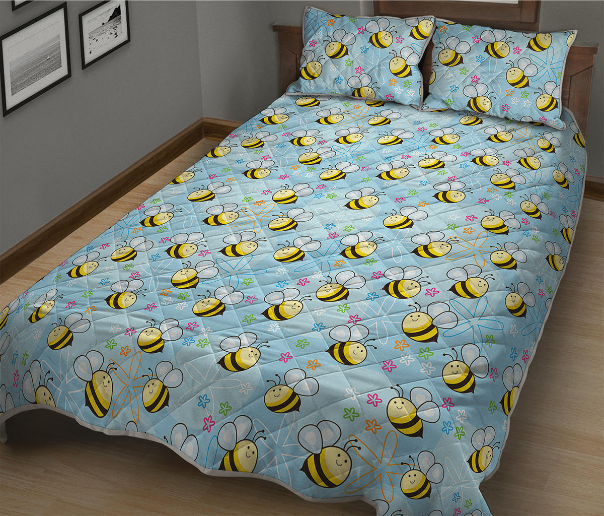 Cute Cartoon Bee Pattern Print Quilt Bed Set