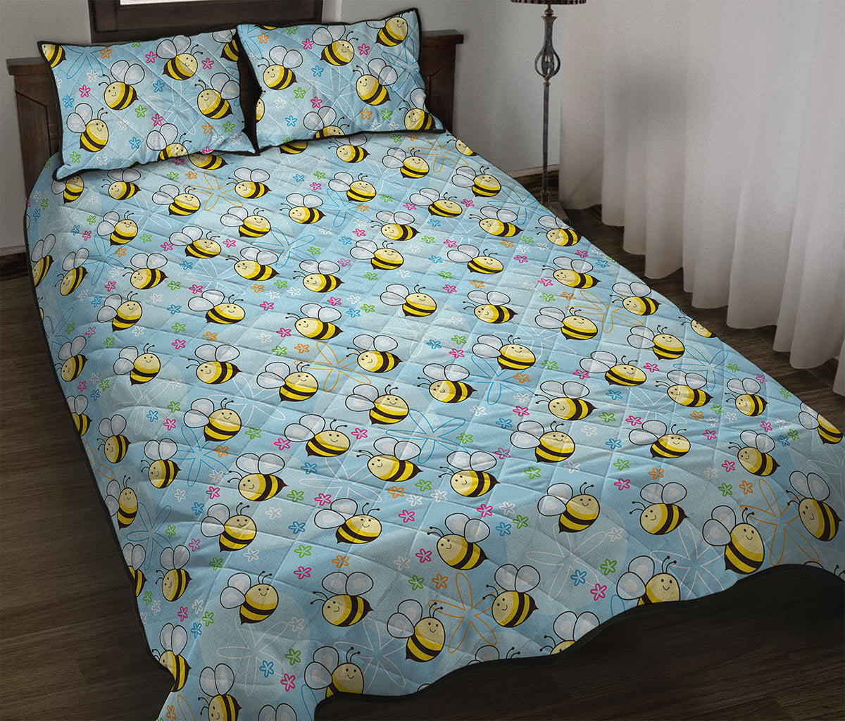 Cute Cartoon Bee Pattern Print Quilt Bed Set